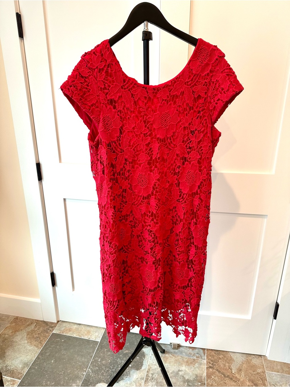 Red Lace Dress Size 14 Floral Crochet Overlay Cocktail Party Dress